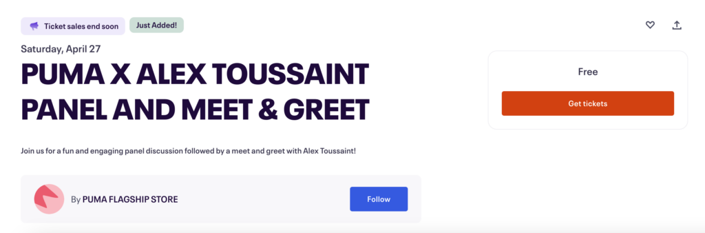 PUMA x Alex Toussaint Eventbrite page.